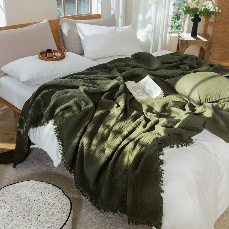 Jeté 100% coton 4 couches avec frange MooMee Airy, Grand (90 po x 90 po), Vert olive