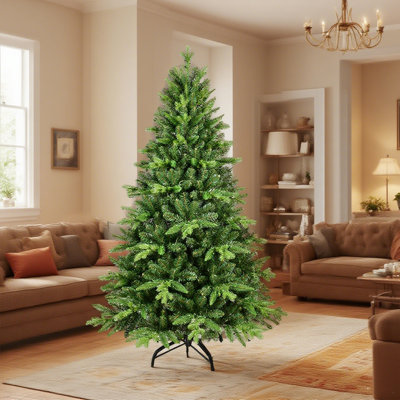 Arbre de Noël illuminé 8 pi avec 600 lumières DEL blanc chaud, arbre à charnières réaliste en PE + PVC avec support en métal 2268 pointes, arbre de Noël artificiel pour la décoration des Fêtes