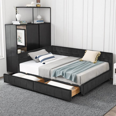Velvet Storage Daybed with Diamond Tufting, Double Drawers, Mid-Century Design, Eucalyptus Frame