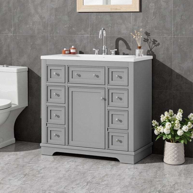 Ensemble de meuble-lavabo autoportant gris moderne 36 po avec 6 tiroirs et 1 armoire en bois massif et panneau de fibres à densité moyenne