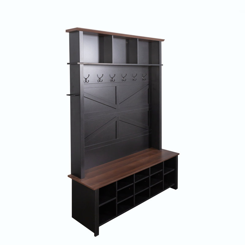 Hall Tree with 6 Hooks, Practical Walnut Entryway Bench with Adjustable Shelves, Black