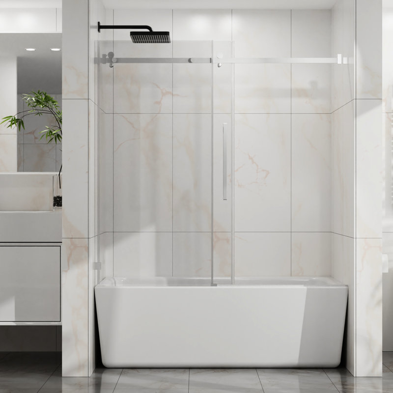 56 - 60 In W Adjustable Bathtub Door, 58 H, 1/4" (6mm) Tempered Glass, , Splash Proof Edge, Smooth And Quiet Operation Width, Sliding