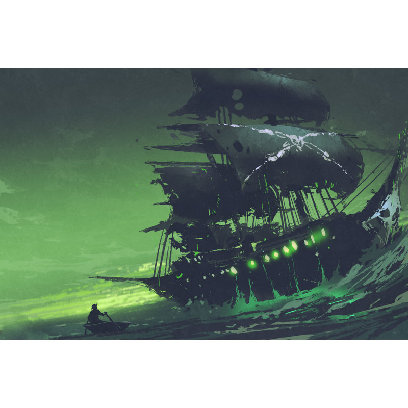 «Keyasha Flying Dutchman Ghost Ship» dans la mer avec mystérieux feu vert par Grandfailure, H 8 po x l 12 po x P 1,25 po