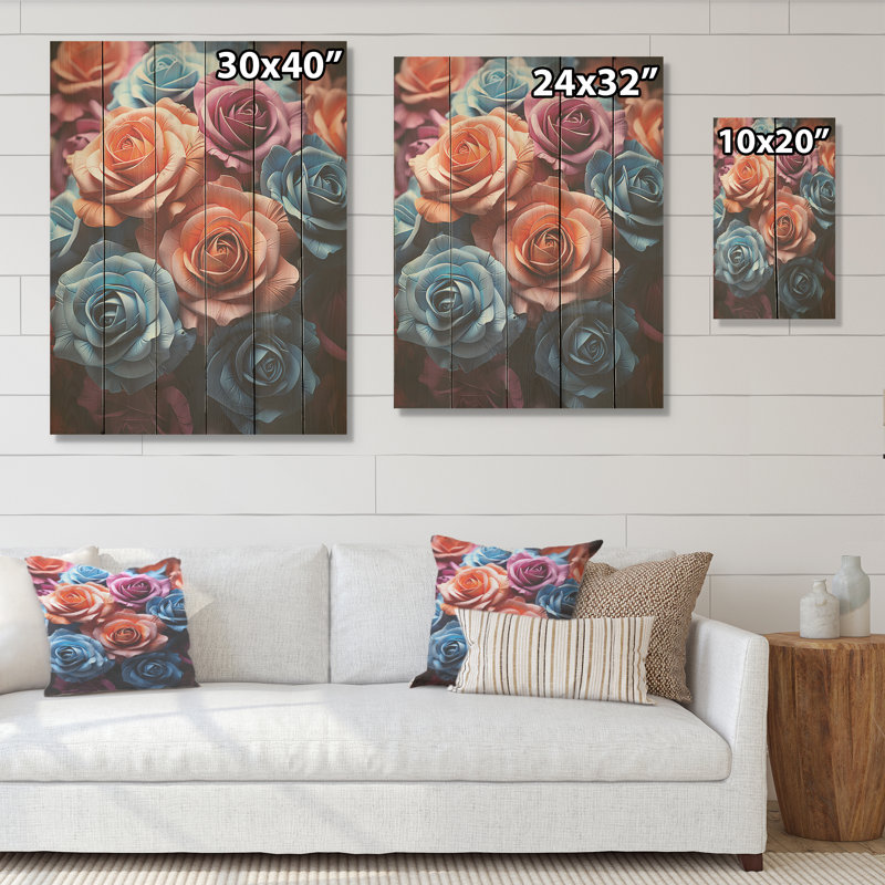Abstrait de roses éclatées, beauté I - Roses, art sur bois de pin naturel, H 40 po x l 30 po