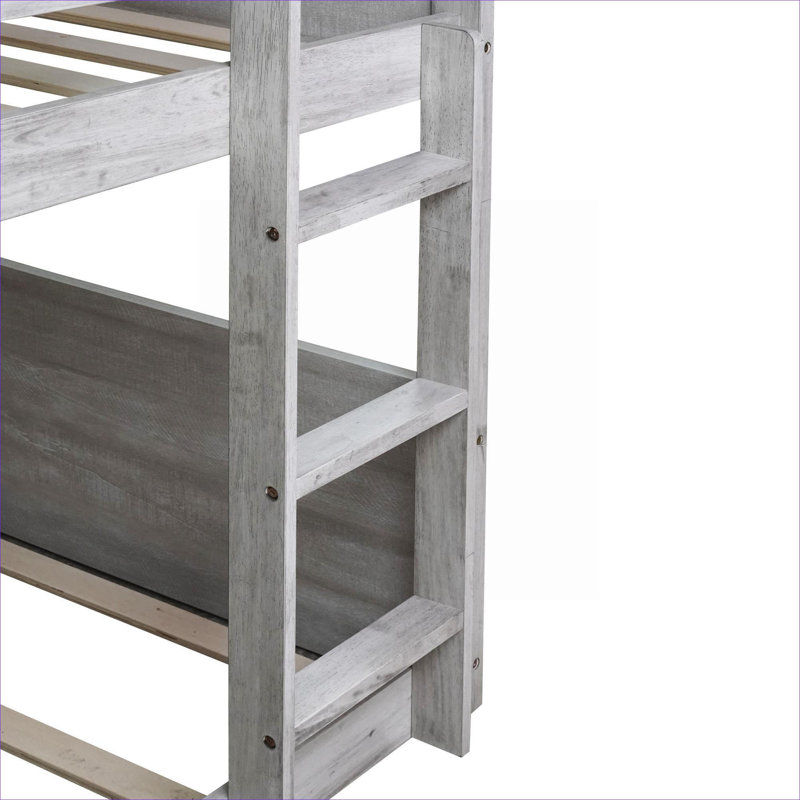 Lit superposé simple au-dessus d'un lit simple en bois d'hévéa massif avec garde-corps de sécurité et échelle intégrée, ton blanc