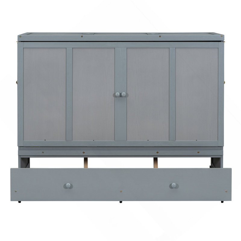 Grand lit escamotable avec port USB et grand tiroir, Grand, gris