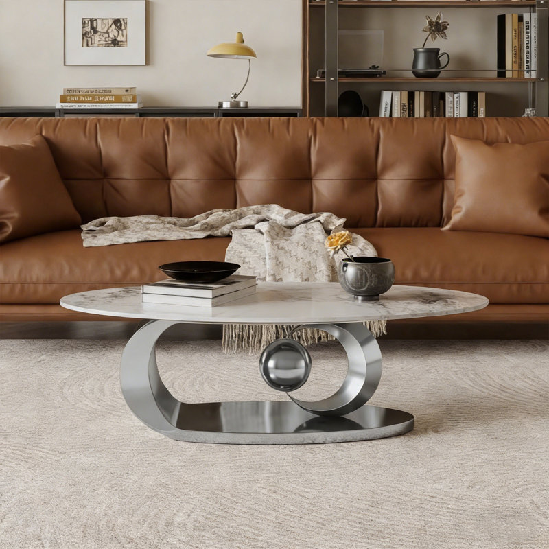 Elegant Luxury Coffee Table - Faux Marble Top with Stainless Steel Base, Silver
