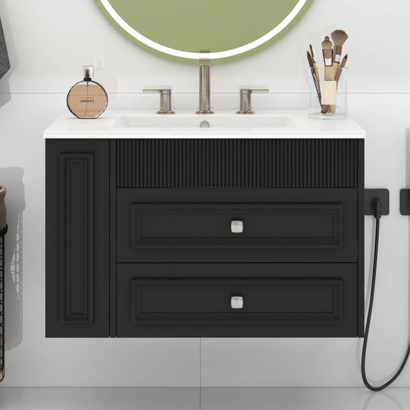 Meuble-lavabo mural 30 po, meuble-lavabo flottant avec lavabo en céramique, armoire de rangement avec 2 tiroirs, Noir