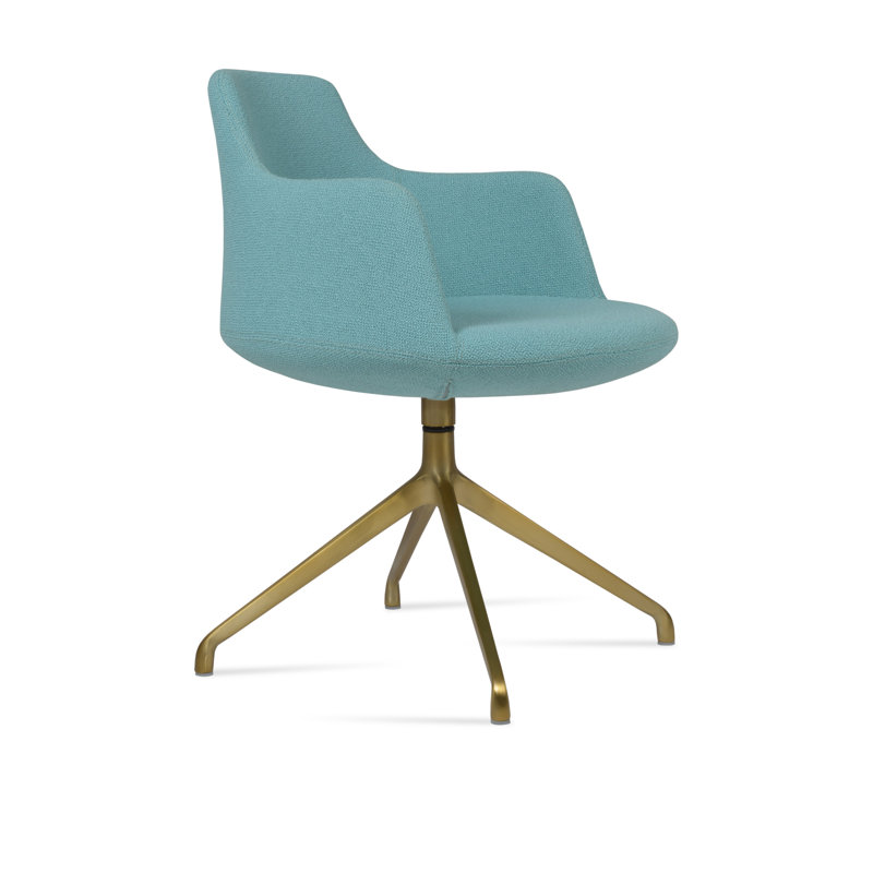 Dervish Spider Swivel Arm Chair, Brass, Green Boucle Fabric