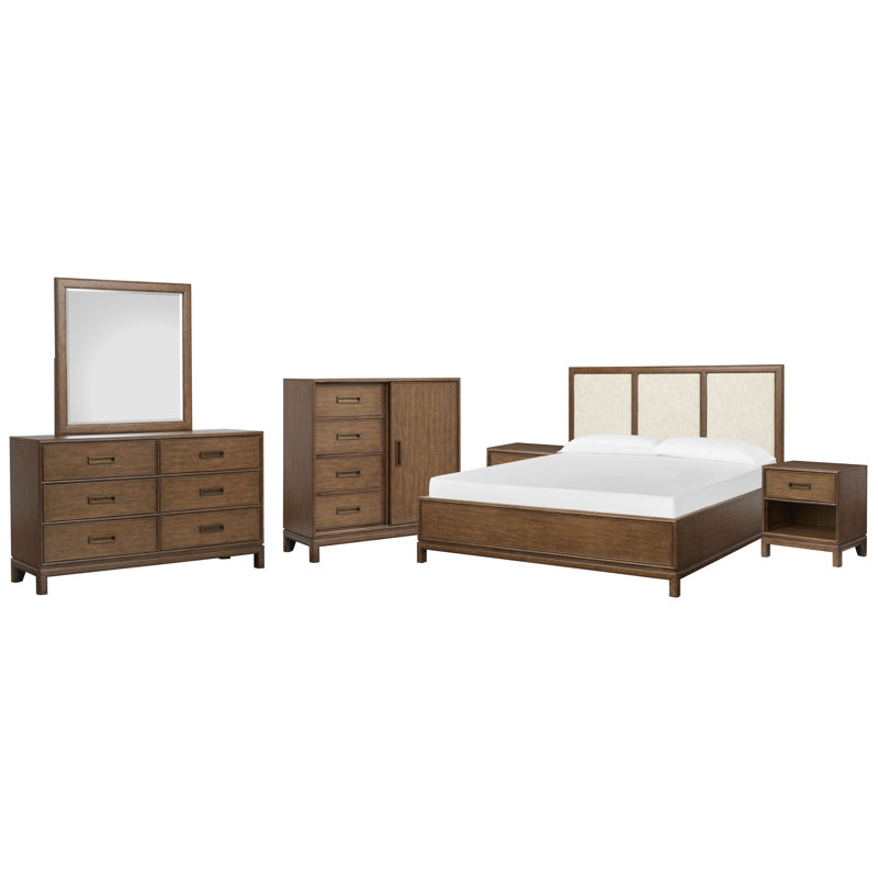 Commode double à 2 tiroirs avec miroir à paysage et commode de porte, Grand, 6 Pcs:Bed,2 Nightstand,Dresser,Mirror,Door Chest