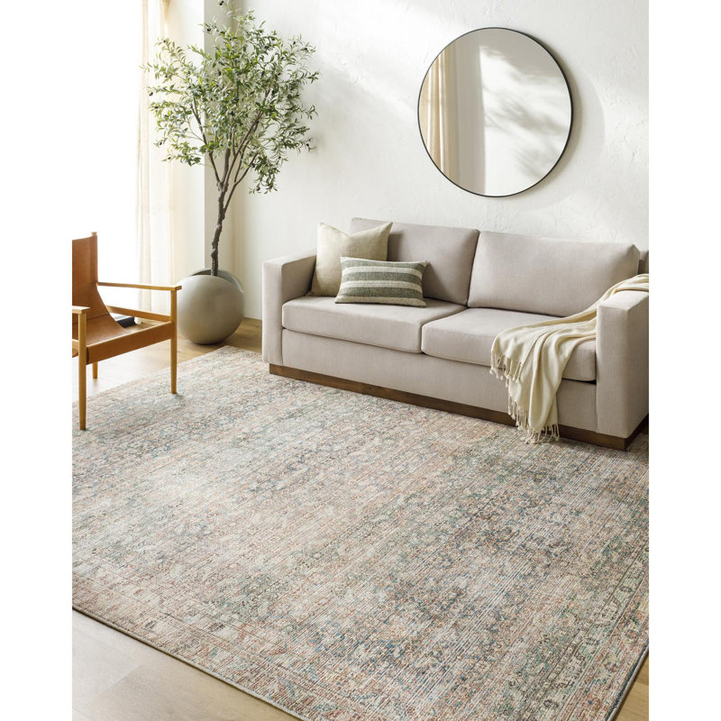 Blue and Taupe Vintage Washable Rectangular Rug 6' x 9'