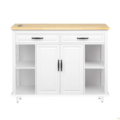 47 inch Kitchen Island with Extendable Dining Table, Rubber Wood Veneer Kitchen Table with Internal Storage Rack, Power Outlet, Kitchen island with St