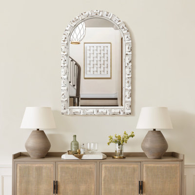 36'' Arched White Distressed Wall Mirror, Rectangular Accent Mirror