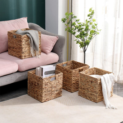 Foldable Handwoven Water Hyacinth Storage Baskets Wicker Cube Baskets Rectangular Laundry Organizer Totes,Set Of 4 Pcs.