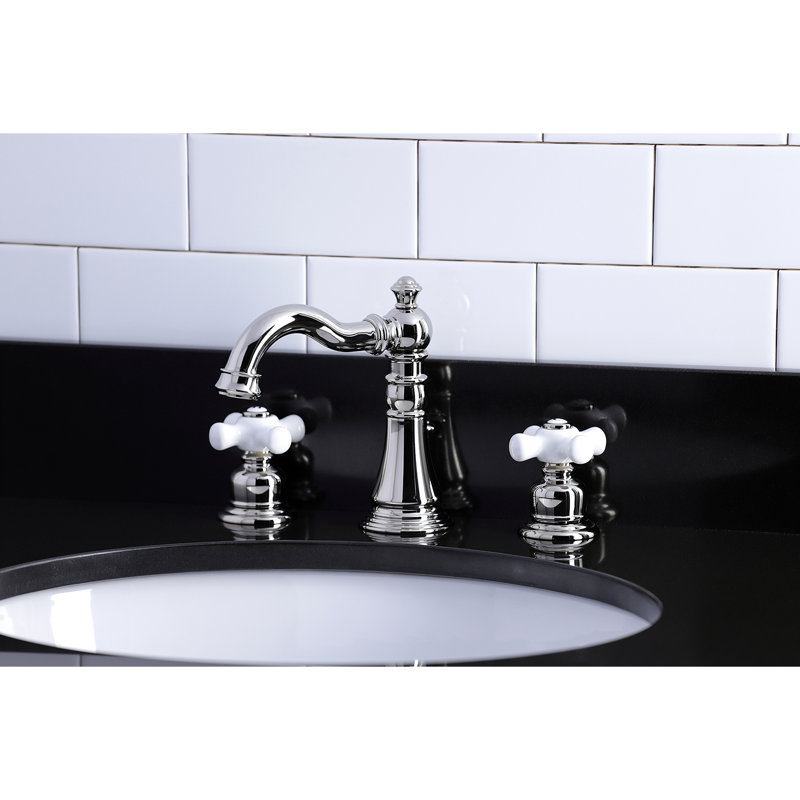 Kingston Brass American Classic Two-Handle 3-Hole Deck Mount Widespread Bathroom Faucet with Pop-Up Drain, Polished Nickel