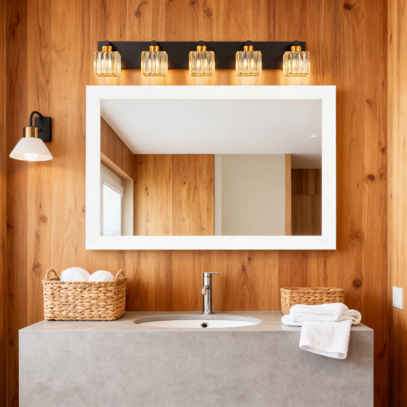Crystal Vanity Light Fixture, Modern Bathroom Lighting With Square Shades For Over Mirror Wall Mount, Dimmable E26 Socket
