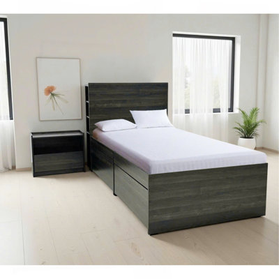 Lit simple avec rangement et 1 table de chevet gris foncé Robin