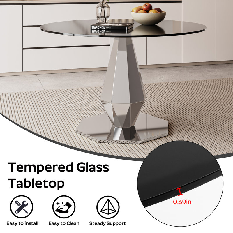 Round Pedestal Tempered Glass Dining Set, Beige, Silver
