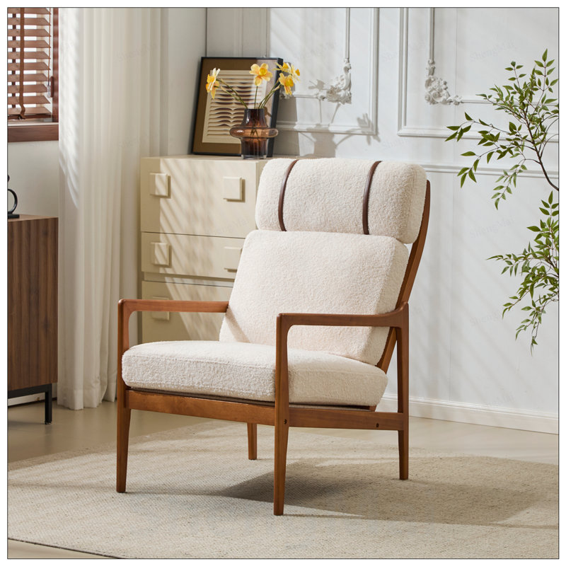 Fauteuil d'appoint Mid-Century moderne, structure en bois massif avec dossier haut, coussins rembourrés Boucle, conception ergonomique pour le salon et la chambre à coucher
