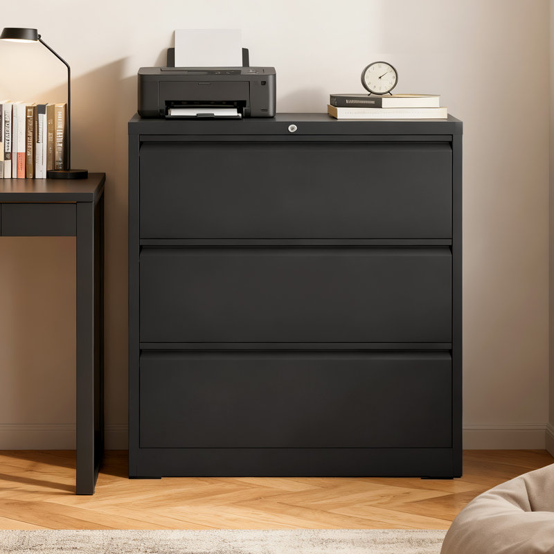 Black 3-Drawer Lateral Filing Cabinet with Lock, Heavy Duty Metal File Cabinet with Quiet Full-Extension Drawers and Built-In Safety Interlock, for Home Office, Holds Letter and Legal Files