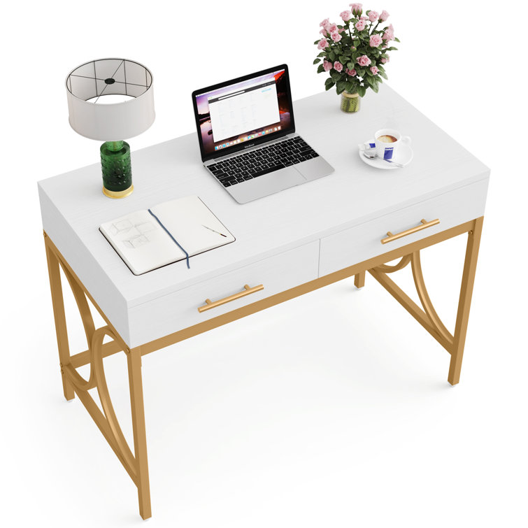 Everly Quinn 41 in Computer Desk With Two Drawers, White and Gold Modern  Study Writing Desk & Reviews