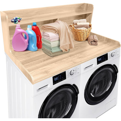 2-Tier Washer Dryer Countertop, Wood Laundry Countertop with 2.75" H Edge Rails, Waterproof Washer Dryer Cover with Anti-Slip Pads for Laundry Room Organization and Storage