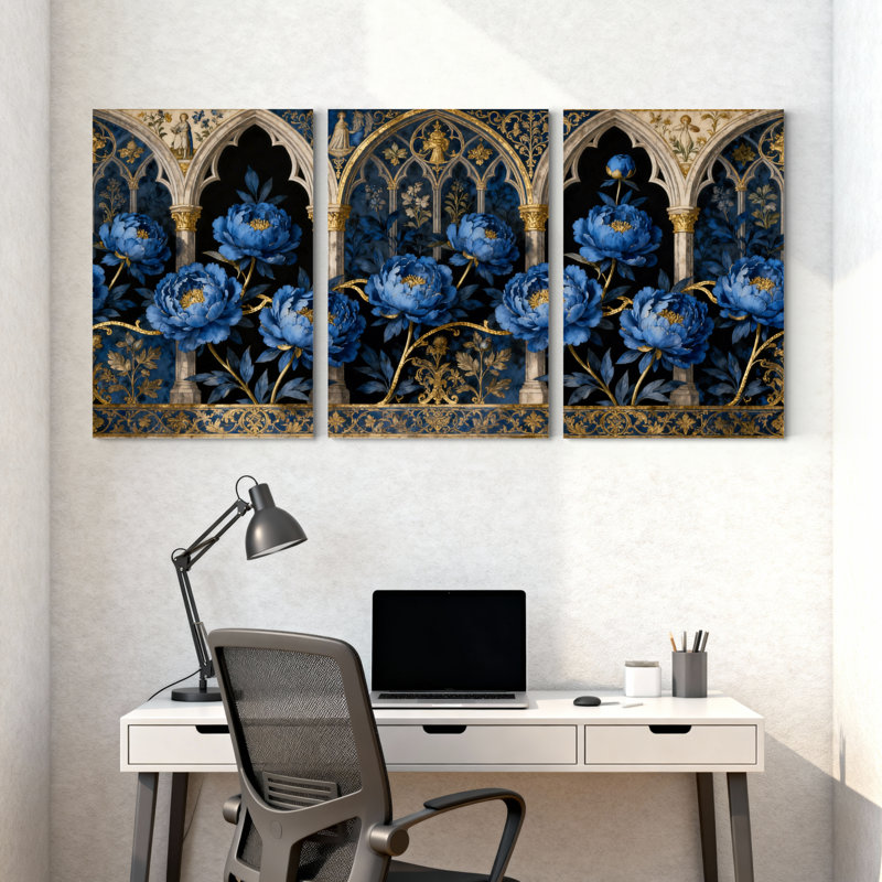 Plantes et fleurs fleurs bleues arche gothique or ensemble de 3 impressions sur toile, H 30 po x l 20 po