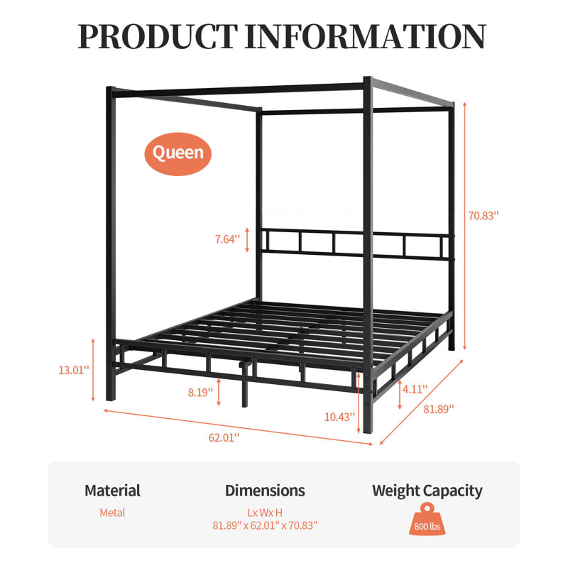 Canopy Bed Frame Full with Headboard and Footboard, Mattress Foundation Platform with Metal Slats Support, No Box Spring Needed, Easy Assembly