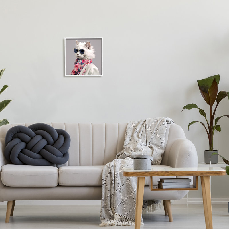 Az-146-Fashion chat élégant encadré sur bois, H 12 po x l 12 po x P 1,5 po, Giclée encadrée blanc bord de mer