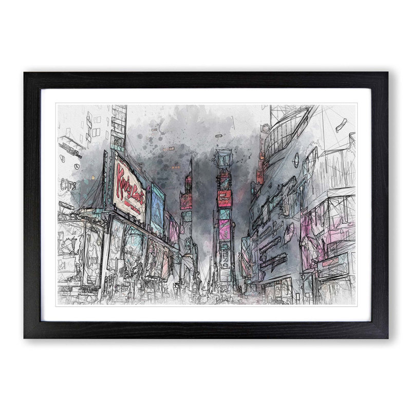 Theater District in Manhattan New York in Abstract - Picture Frame Graphic Art Print, 35cm H x 50cm W x 2cm D, Black