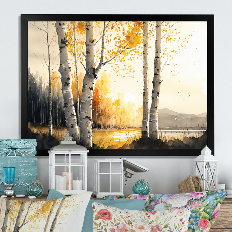 Bouleaux pendant l'heure dorée au bord du lac III - art mural forêt, Cadre photo noir, H 24 po x l 32 po x P 1 po