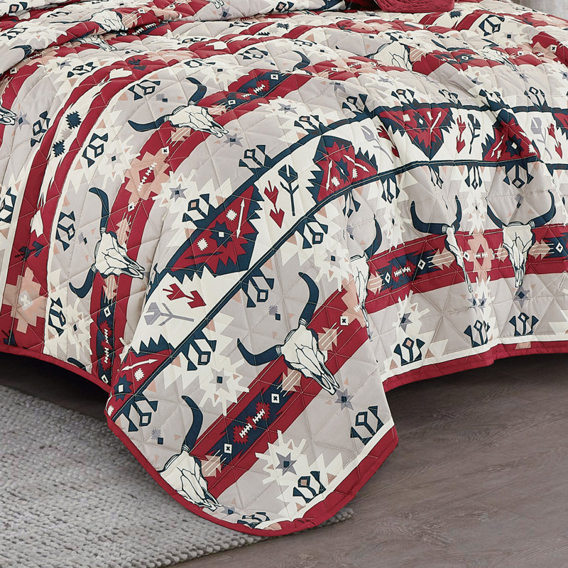 Red Navy Western Bull Skull Aztec Reversible 3 Piece Bedspread Set，Queen, Queen Bedspread + 2 Queen Shams