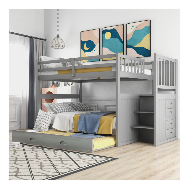 Lit superposé double au-dessus de double avec lit gigogne simple, gris