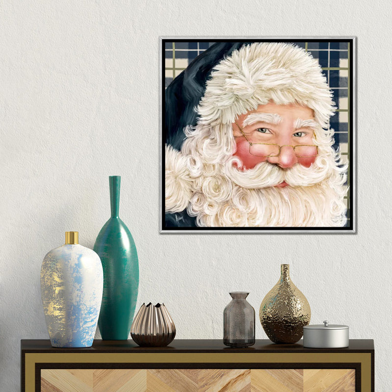 «Navy Plaid Santa», reproduction d'art sur toile encadrée, H 18 po x l 18 po, Cadre flottant sans passe-partout