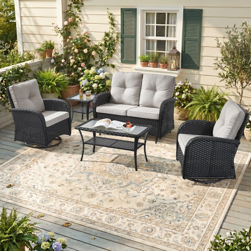 Ensemble de conversation de patio extérieur en résine tressée de 5 pièces, résistant aux intempéries, avec chaises pivotantes