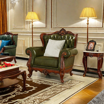 European-style Living Room Carved Chair. Leather Armchair