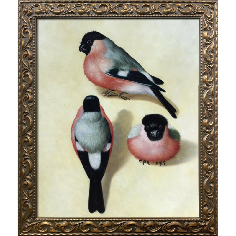 Trois bouvreuils, reproduction d'art encadrée, H 30 po x l 26 po x P 2 po, Cadre or élégant