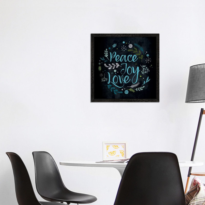 Peace Joy Love In Blue by 5by5collective - Floater Frame Print on Canvas, Black Framed