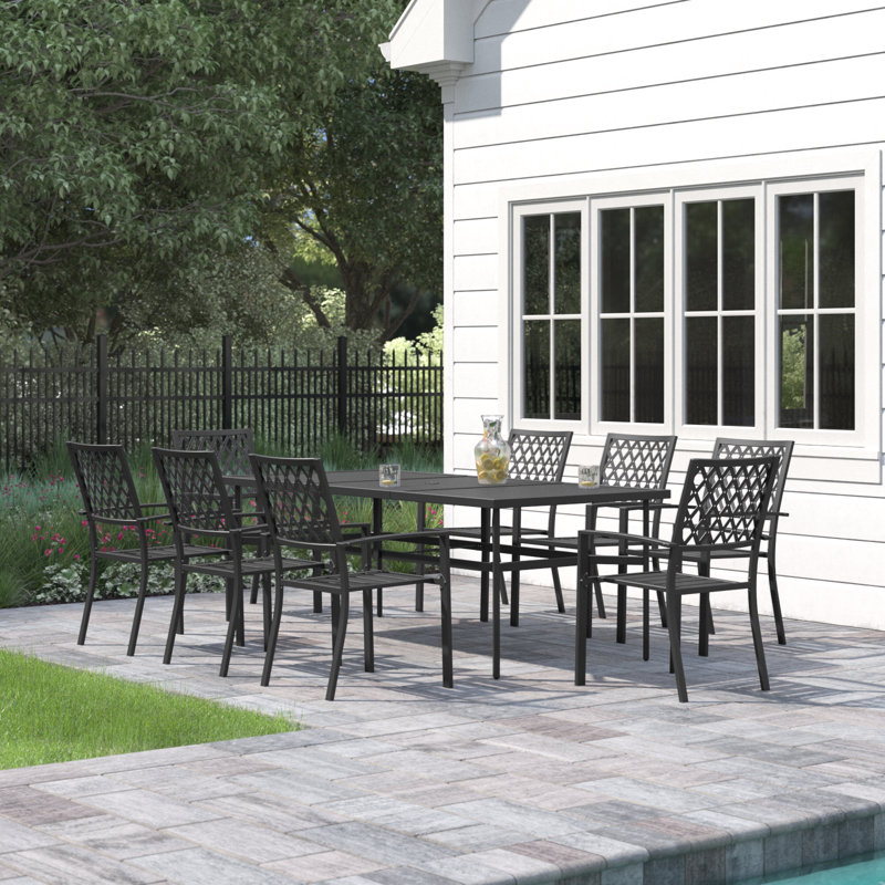 82.6'' D Rectangular 8-Person Steel Dining Set with Stackable Chairs 