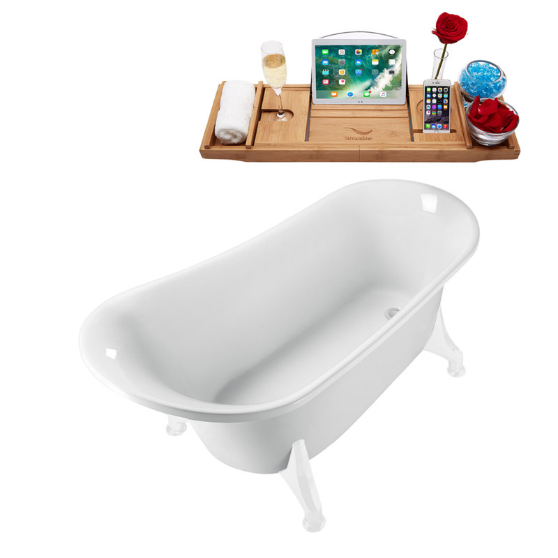 Baignoire de trempage sur pieds 59 "avec drain, pattes et plateau en bambou 59" Streamline, Blanc brillant, Blanc lustré