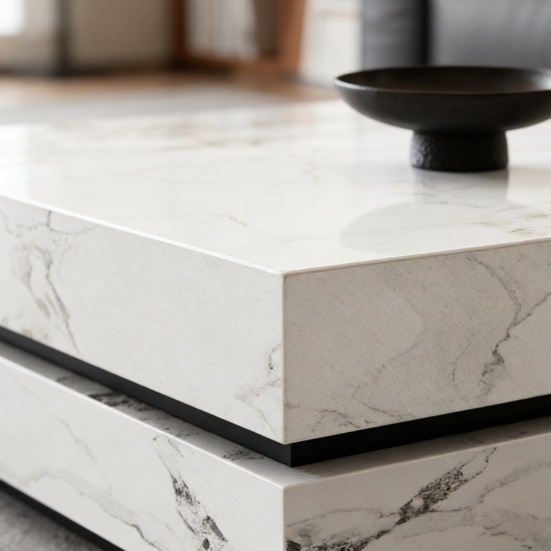 Table basse carrée sur pied avec plateau, H 13,77 po x L 31,49 po x l 31,49 po, Blanc, Blanc/taupe