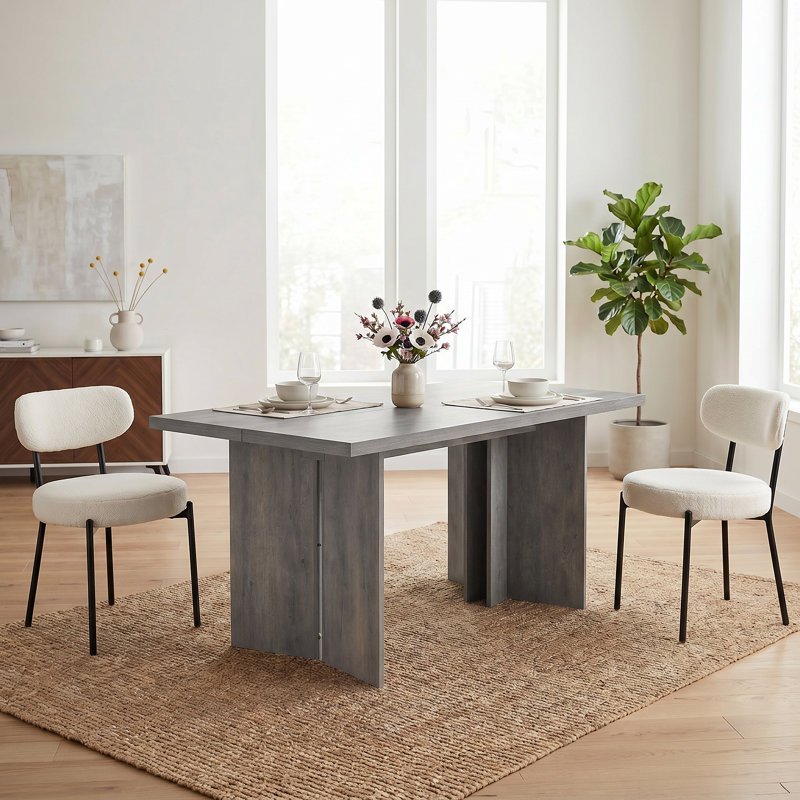 Table de salle à manger rectangulaire en bois Alyria de 63 po avec 2 chaises de salle à manger en cuir bouclé Sherpa, Grey
