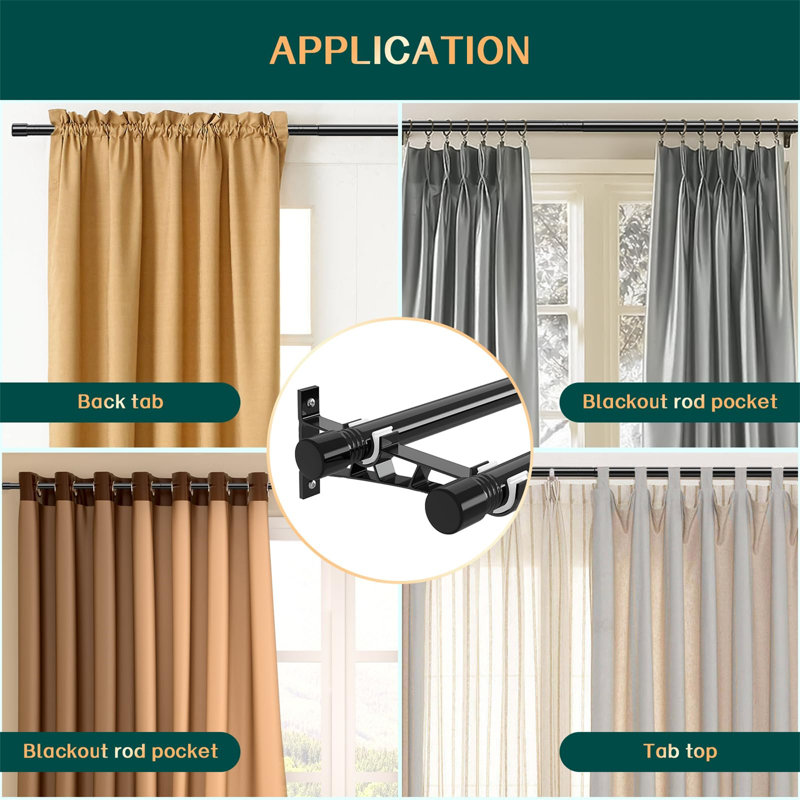 Satin Black Iron Adjustable 76cm to Double Curtain Pole, 222cm W x 3cm D