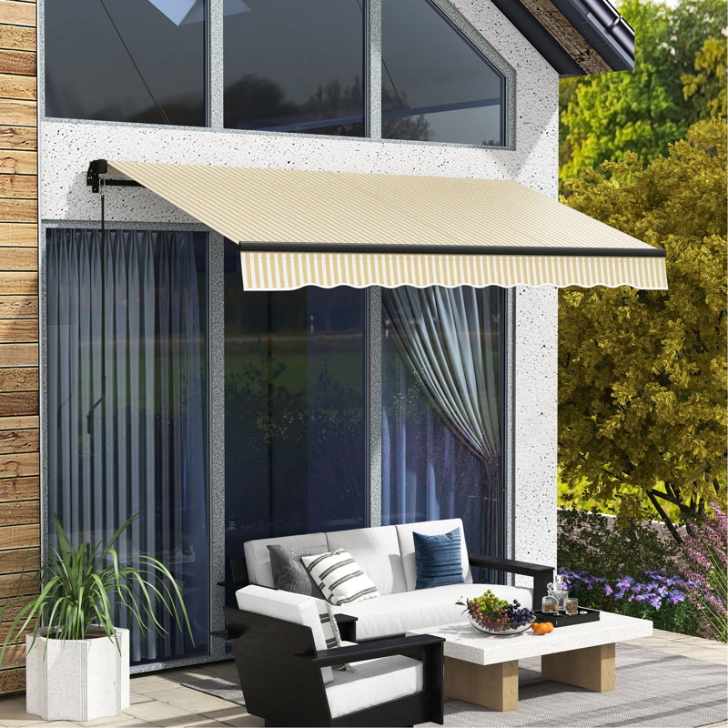 Auvent de terrasse rétractable à manivelle manuelle 12 pi x 10 pi, tissu 280 g / m², structure en aluminium robuste, beige pour terrasse, balcon, auvent de pare-soleil de jardin rétractable, avec contrôle, robuste
