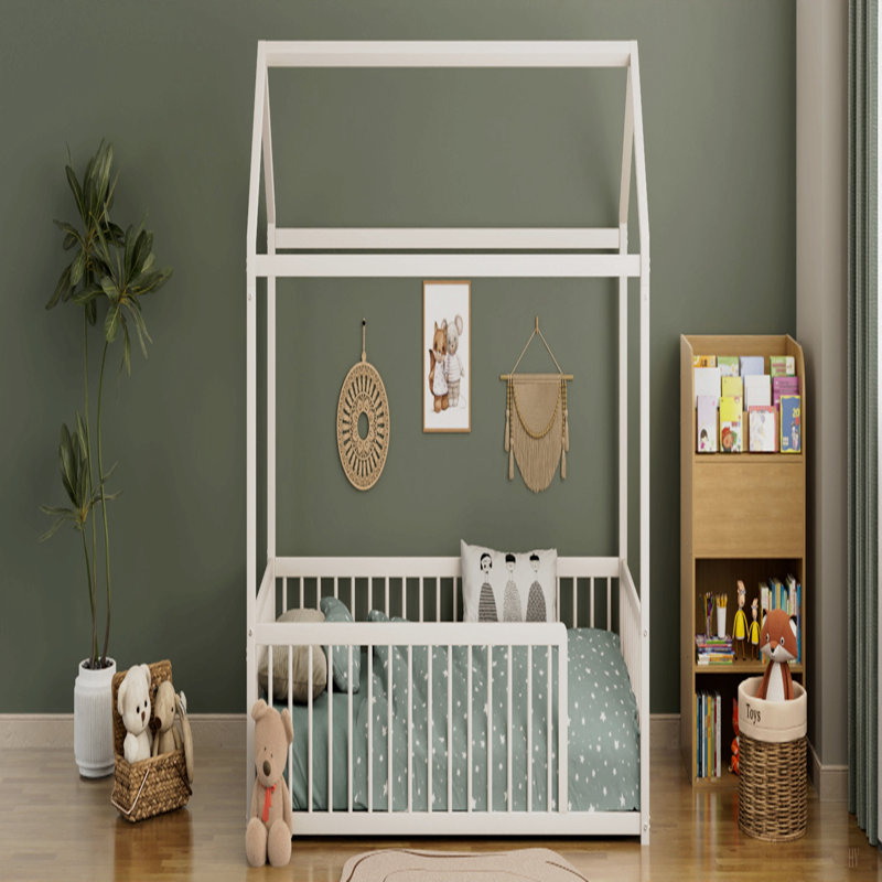 Structure de lit en métal de style Montessori, lit en forme de maison avec clôture, assemblage facile, sans lattes, Blanc