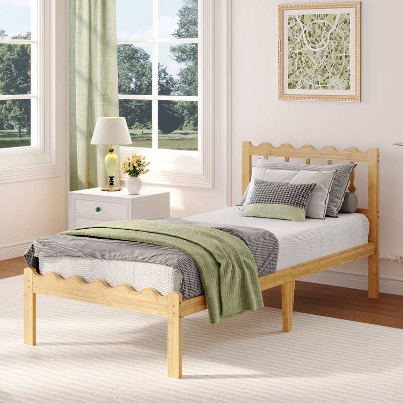 Base de lit plateforme en bois massif de bambou 12 po avec tête de lit ondulée, lattes en métal, aucun sommier requis, 12"