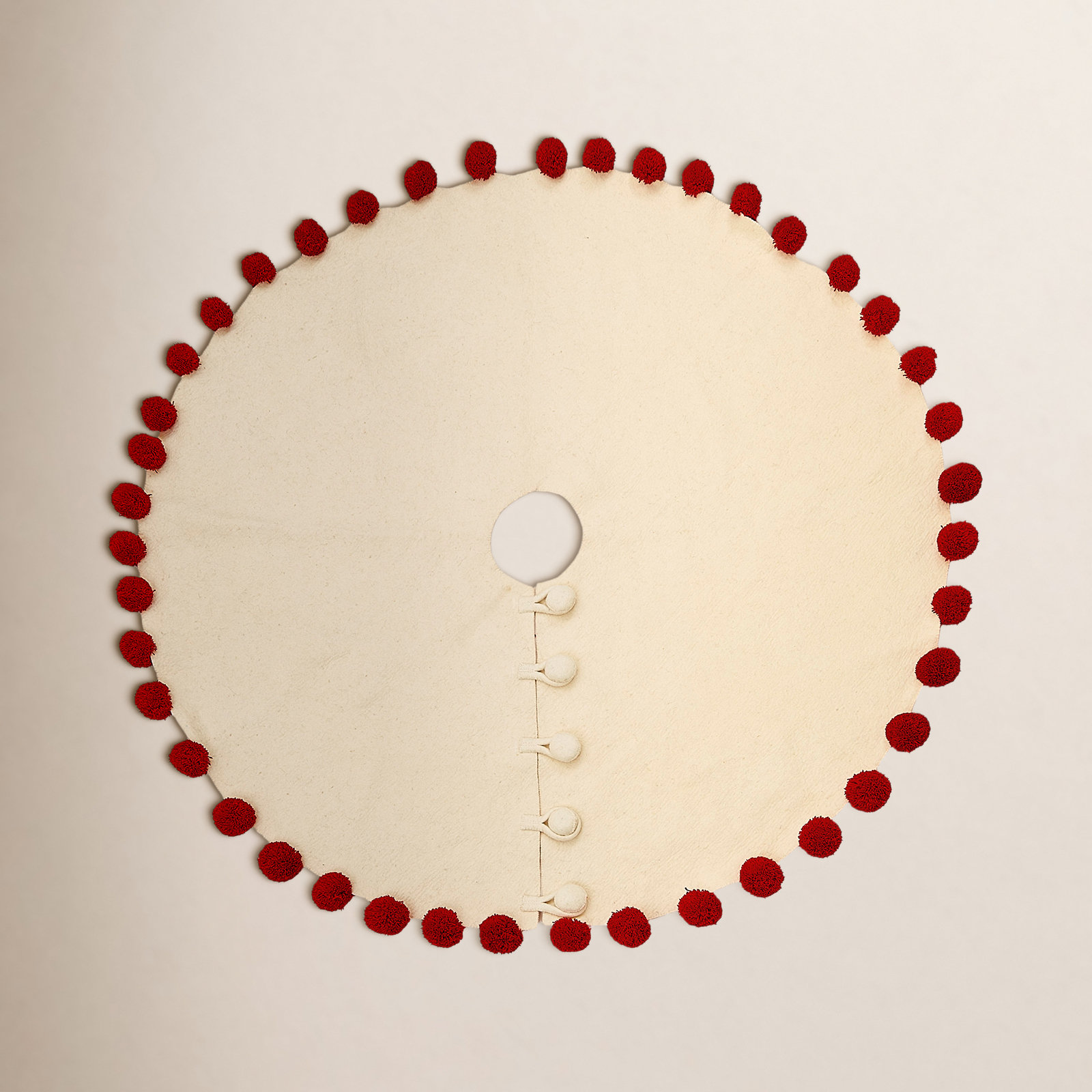 Pom Poms Red Pom Poms on Cream Handmade Felt Christmas Tree Skirt - - 63"