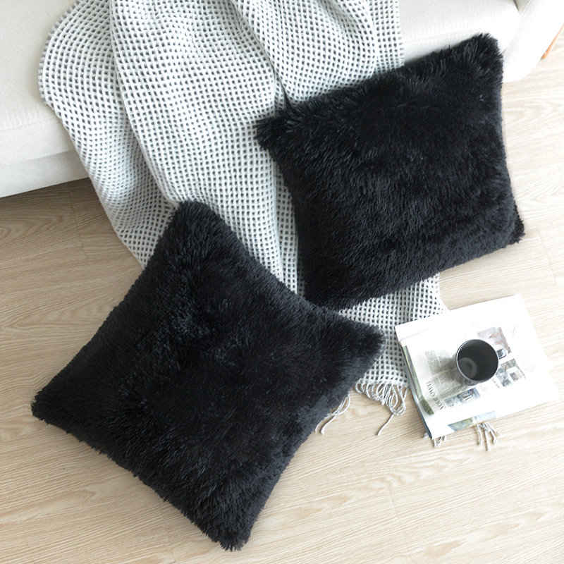 Housse de coussin carrée en fausse fourrure, Noir, H 24 po x l 24 po