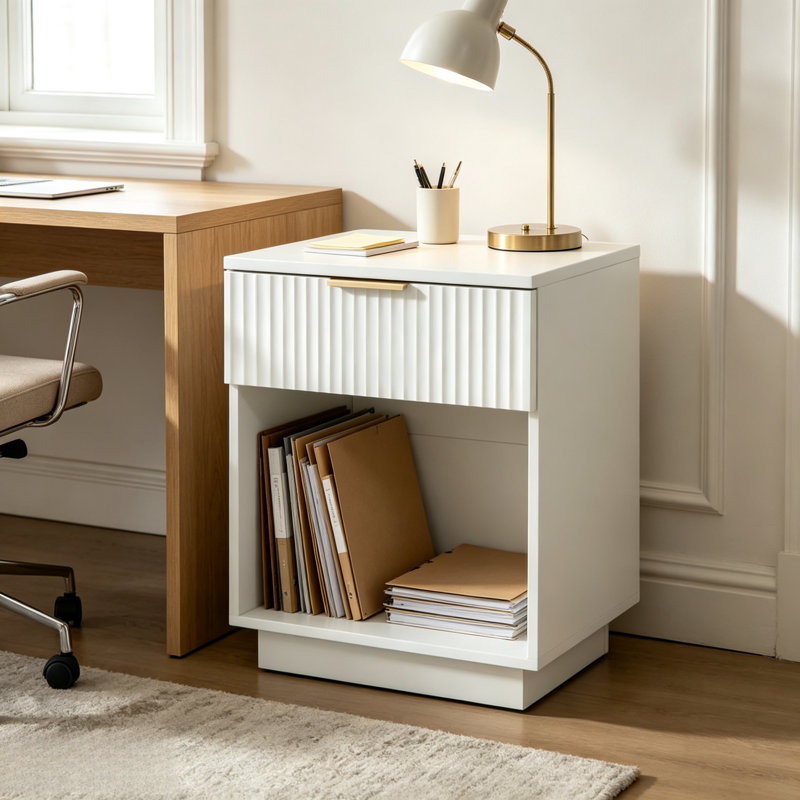 Ensemble de 2 tables de chevet modernes blanches cannelées, table de chevet minimaliste avec tiroir et tablette de rangement ouverte, table d'appoint idéale pour les petits espaces dans une chambre