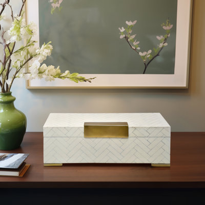 Ivory & Tan Wood Resin Decorative Storage Box - 17" Modern Glam Organizer with Metal Accents